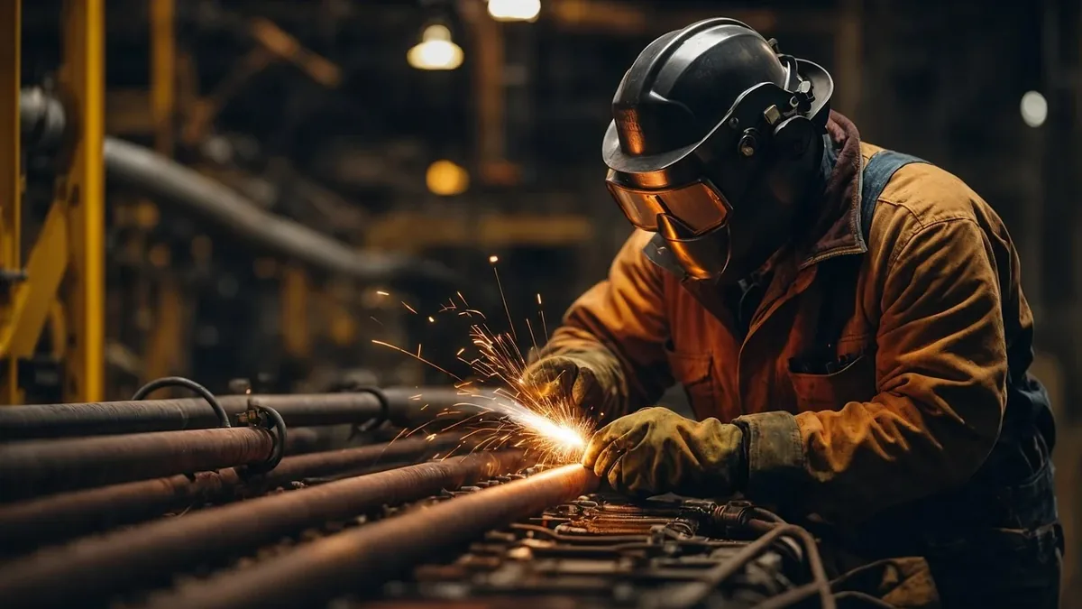 A person is wearing protective gear and welding metal pipes in a factory setting.